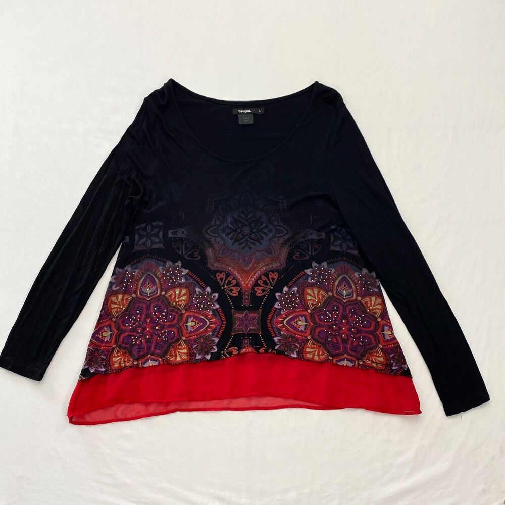 Desigual Whimsigoth Top Blouse Tattoo Boho Flowy Womens Large Black Red Fairy - Picture 5 of 13